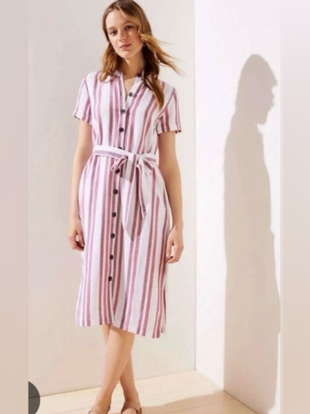 LOFT Linen blend Striped Pink and White Button-Front Shirt Dress